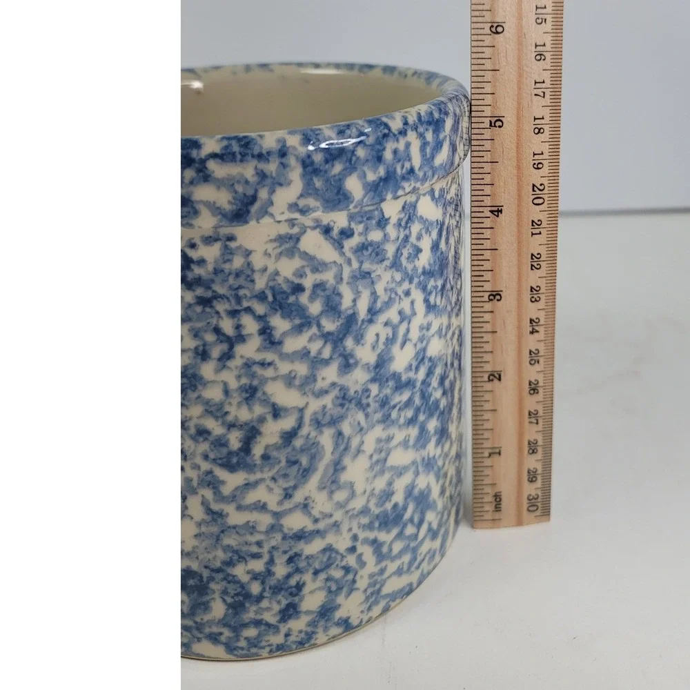 Blue Spongeware Stoneware Crocks Set of 2 Zanesville Ohio Pottery Farmhouse